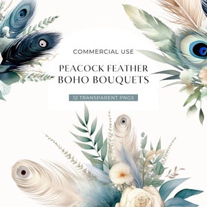 Peacock Feather Floral Clipart, DIGITAL DOWNLOAD, Boho Wedding Bouquet Clipart Bundle Pack, Watercolor Flower Graphic Set Commercial Use PNG