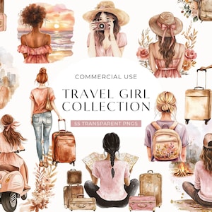 Reise Mädchen digitale Clipart, Aquarell Sommerferien Clip Art, Planer Grafik, Abenteuer PNG Bild, Boho Urlaub Mode Illustration
