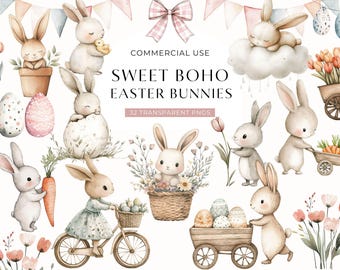 May include: A collection of watercolor illustrations featuring bunnies, Easter eggs, flowers, and garden accessories. Text includes COMMERCIAL USE, SWEET BOHO EASTER BUNNIES, and 32 TRANSPARENT PNGS. The graphics depict rabbits in pots, on bicycles, and with wagons.