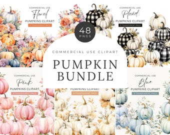 Watercolor Pumpkin Clipart Bundle, DIGITAL DOWNLOAD, Pink Blue White Neutral Plaid, Boho Autumn Fall Baby Shower Clipart, Commercial Use PNG