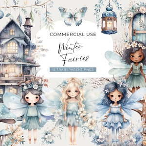 Winter Fairy Clipart, DIGITAL DOWNLOAD, Watercolor Christmas Fairies, Fairy Tale, Winter Baby Shower Clipart, Fairy House Commercial Use PNG