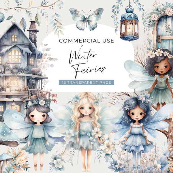 Clipart fée hiver, téléchargement numérique, aquarelle de fées de Noël, conte de fées, clipart hiver baby shower, maison de fée usage Commercial PNG