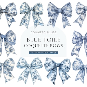Imágenes prediseñadas de lazo azul Toile, DESCARGA DIGITAL, Toile de Jouy francés vintage, Clip Art de lazos coquetos, Baby Shower de niño con lazo, PNG de uso comercial