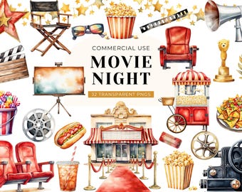 Movie Night Clipart, DIGITAL DOWNLOAD, Movie Theatre Clipart, Cinema Clipart, Popcorn Clip Art, Watercolor Film Clipart, Commercial Use PNG