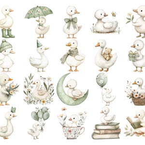 Puede incluir: Ilustraciones en acuarela de adorables patitos blancos en varias poses. Algunos patitos llevan accesorios como un gorro de fiesta, una bufanda o botas. Otros sostienen flores, regalos o globos. El tema general es caprichoso y encantador.