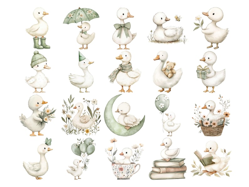 Puede incluir: Ilustraciones en acuarela de adorables patitos blancos en varias poses. Algunos patitos llevan accesorios como un gorro de fiesta, una bufanda o botas. Otros sostienen flores, regalos o globos. El tema general es caprichoso y encantador.