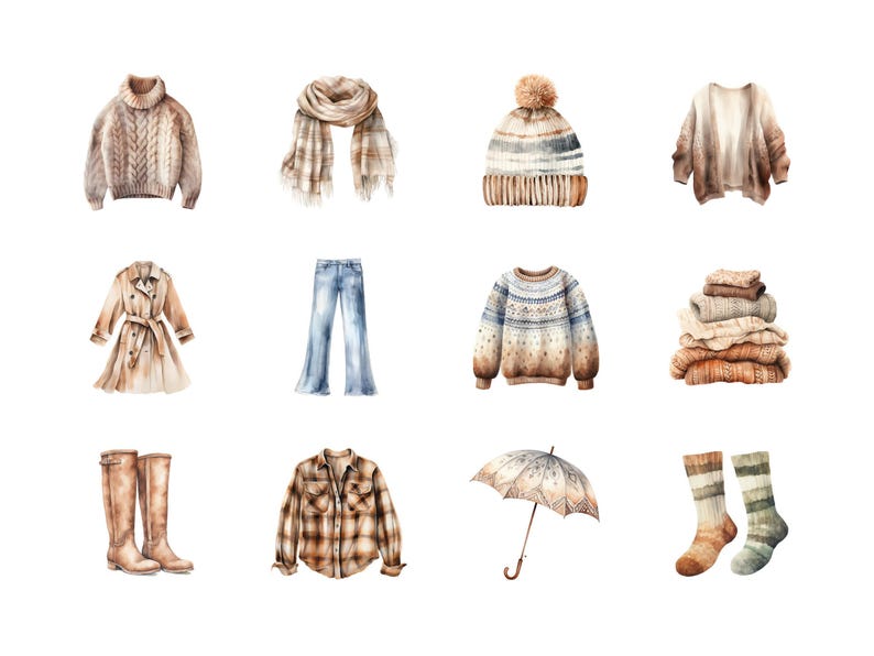 Fall Clothes Clipart Bundle, DIGITAL DOWNLOAD, Watercolor Autumn Sweater Clip Art Pack, Fashion Boho Outfit Graphics Set, Commercial Use PNG image 2