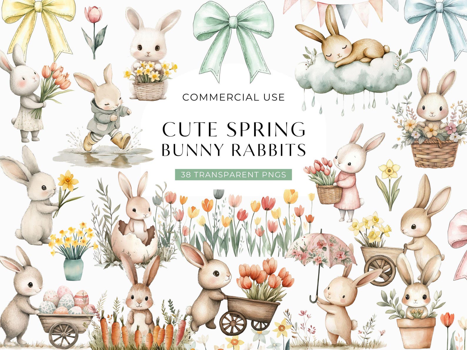 Cute Spring Bunny Clipart, Watercolor Easter Bunnies Clip Art, Baby ...