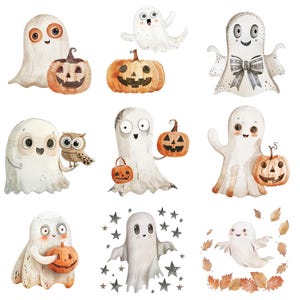 かわいいゴースト クリップアート デジタル ダウンロード、風変わりなハロウィーン クリップアート、水彩のフクロウとカボチャ、リトル ブー ベビーシャワー 商用利用 PNG 画像 3