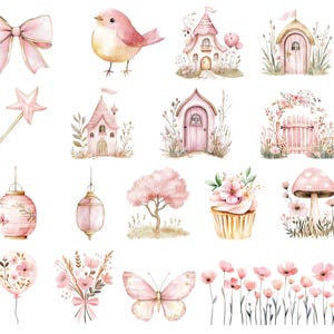 Clipart fée des bois rose, jolies fées pastel aquarelle, premier anniversaire Clip Art, forêt enchantée, baby shower clipart téléchargement numérique image 3