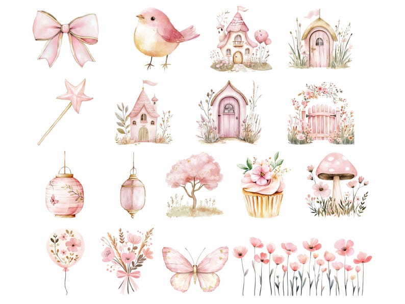 Clipart fée des bois rose, jolies fées pastel aquarelle, premier anniversaire Clip Art, forêt enchantée, baby shower clipart téléchargement numérique image 3