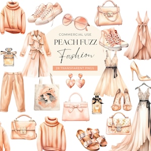 Clipart vêtements printemps pêche, téléchargement numérique, aquarelle accessoires de mode pour femmes, tenue de fille planner, robe sac à main, usage Commercial PNG