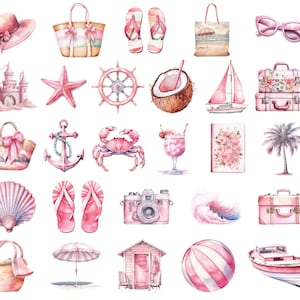 Pink Summer Beach Clipart, DIGITAL DOWNLOAD, Watercolor Coastal Vacation, Soft Girl Preppy Aesthetic Clip Art, Holiday Commercial Use PNG image 2