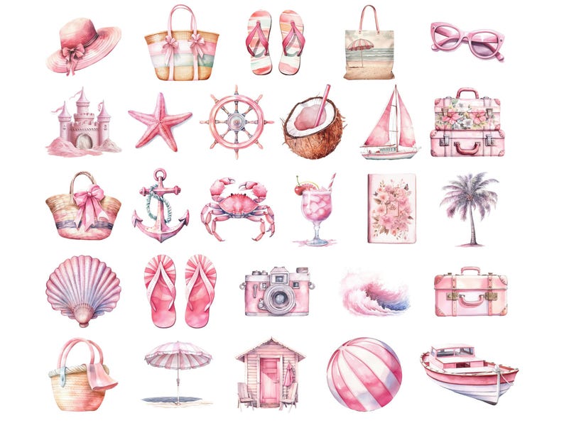 Pink Summer Beach Clipart, DIGITAL DOWNLOAD, Watercolor Coastal Vacation, Soft Girl Preppy Aesthetic Clip Art, Holiday Commercial Use PNG image 2