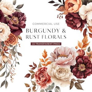 Könnte beinhalten: Eine digitale Sammlung von Blumenillustrationen mit burgunderroten, rostfarbenen und cremefarbenen Pfingstrosen und Rosen mit Blattwerk. Der Text lautet: COMMERCIAL USE BURGUNDY & RUST FLORALS 22 TRANSPARENT PNGS. Diese Grafiken sind in Clustern angeordnet.