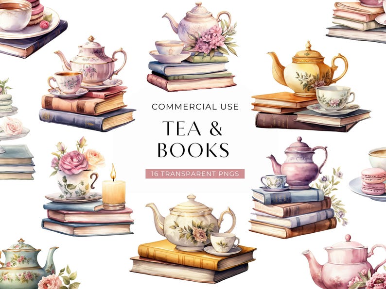 Tea And Books Clipart, DIGITAL DOWNLOAD, Watercolor Reading Clip Art, Book Club Lover, Vintage Tea Cup Set, Junk Journal Commercial Use PNG image 1