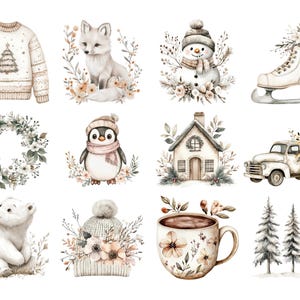 Boho Winter Clipart, DIGITAL DOWNLOAD, Neutral Xmas Clip Art, Cozy Christmas Watercolor, Rustic Wintertime, Cute December Commercial Use PNG image 2