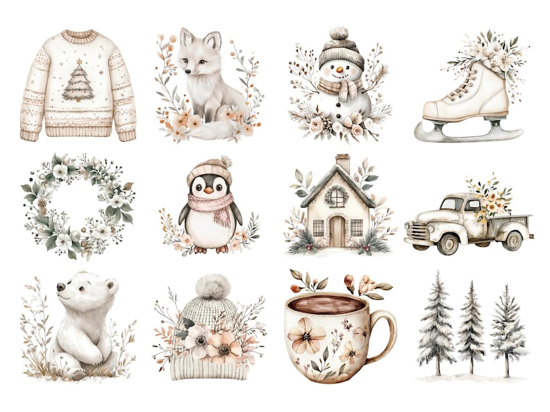Boho Winter Clipart, DIGITAL DOWNLOAD, Neutral Xmas Clip Art, Cozy Christmas Watercolor, Rustic Wintertime, Cute December Commercial Use PNG image 2