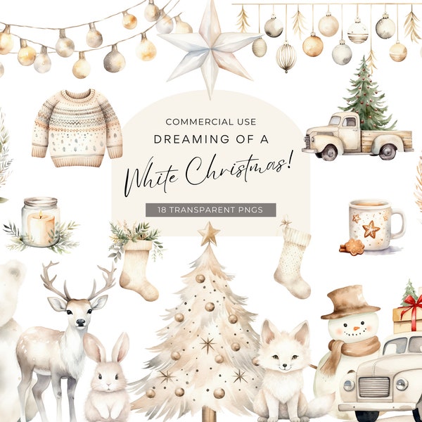 Hygge Christmas Clipart, DIGITAL DOWNLOAD, Cozy Neutral Winter Clipart, White Christmas Tree Clipart, Watercolor Graphics Commercial Use PNG