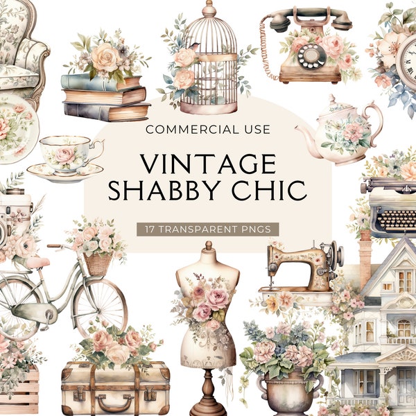 Shabby Chic Clipart, DESCARGA DIGITAL, Acuarela Junk Journal Clipart, Floral Scrapbook Clipart, Victorian Vintage Style Uso comercial PNG