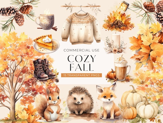 Cozy Fall Clipart Bundle, DIGITAL DOWNLOAD, Watercolor Autumn Clip Art Pack, Fall Clothes, Thanksgiving Graphics Set, Commercial Use PNG