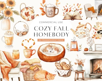 Cozy Watercolor Autumn Clipart, DIGITAL DOWNLOAD, Fall Clip Art, October Digital Planner Stickers, Thanksgiving Graphics, Commercial Use PNG