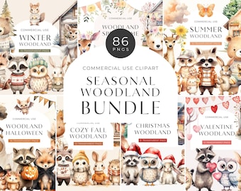 Cute Woodland Clipart Bundle, DIGITAL DOWNLOAD, Forest Animal Friends Clip Art, Watercolor Baby Shower, Boho Woodland Commercial Use PNG