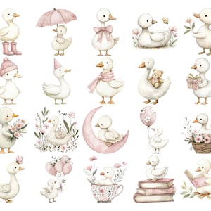 May include: Watercolor illustrations of adorable white ducklings in various poses. Some ducklings wear accessories like hats, scarves, and boots. Others hold flowers, gifts, and balloons. The overall theme is soft and whimsical, with a pastel color palette.