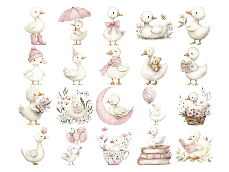 May include: Watercolor illustrations of adorable white ducklings in various poses. Some ducklings wear accessories like hats, scarves, and boots. Others hold flowers, gifts, and balloons. The overall theme is soft and whimsical, with a pastel color palette.