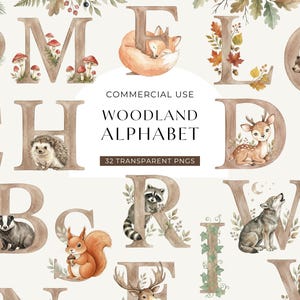 May include: Watercolor woodland alphabet with letters A-Z, each featuring a different forest animal and botanical elements. The letters are a muted brown color, with illustrations of a fox, bear, deer, and other animals. The text "WOODLAND ALPHABET" is also included.