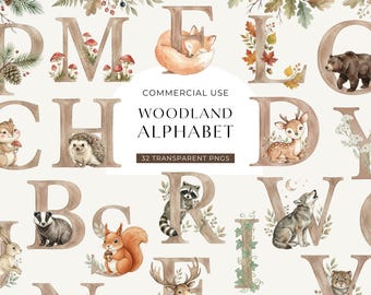 Woodland Alphabet Clipart, Forest Animal Letter Clip Art, Watercolor ABC Illustrations, Nursery Graphics, Commercial Use PNG, DIGITAL Images