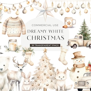 Hygge Christmas Clipart, DIGITAL DOWNLOAD, Cozy Neutral Winter Clipart, White Christmas Tree Clipart, Watercolor Graphics Commercial Use PNG