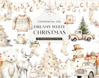 Hygge Christmas Clipart, DIGITAL DOWNLOAD, Cozy Neutral Winter Clipart, White Christmas Tree Clipart, Watercolor Graphics Commercial Use PNG