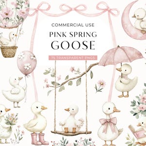 May include: Watercolor illustration featuring adorable white geese in various spring settings. Includes geese with pink bows, balloons, and umbrellas, along with floral accents and the text "PINK SPRING GOOSE".