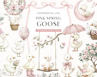 Clipart de ganso rosa de primavera, clip art de ganso de acuarela vintage, imágenes rústicas para baby shower de niña, gráficos de cumpleaños estilo cottagecore, PNG digital
