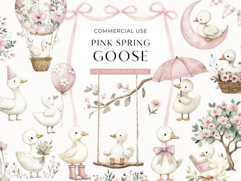 A whimsical watercolor clipart thumbnail showing adorable pink spring themed baby geese in charming poses. The geese are decorated with bows, holding umbrellas, swinging on branches, reading books, and floating in a floral hot air balloon. Surrounded by soft pastel pink ribbons, spring blossoms, and wildflowers. Includes 75 transparent PNGs perfect for girl baby shower invitations, nursery prints, birthday invites and spring scrapbooking.