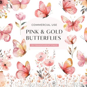 Clipart papillon rose et or, téléchargement numérique, papillons aquarelles avec fleurs, clipart Invitation baby shower, usage Commercial PNG