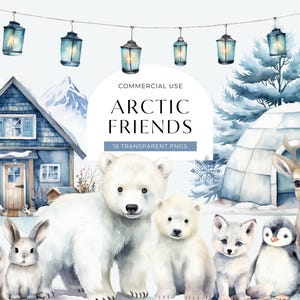 Winter Wonderland Clipart, DOWNLOAD DIGITAL, Conjunto de animais do Ártico de Natal, Gráfico de aquarela de urso polar bebê, Pólo Norte Uso comercial PNG
