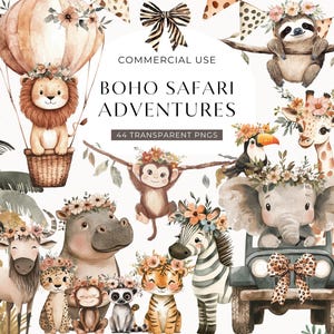 Floral Safari Clipart, fille Boho Baby Shower Clip Art, Clipart anniversaire Animal mignon de la jungle aquarelle, décoration de chambre d'enfant PNG, TÉLÉCHARGEMENT NUMÉRIQUE