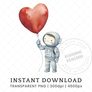 Clipart astronauta di San Valentino, DOWNLOAD DIGITALE di immagine singola, Clip art carina dello spazio esterno con acquerello, biglietto di auguri PNG per uso commerciale gratuito