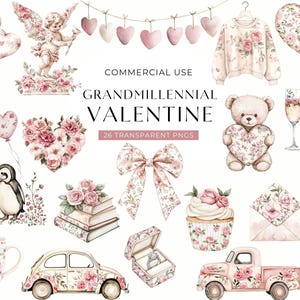 Clipart walentynkowy Grandmillennial, różowy akwarelowy Toile De Jouy Clip Art, Vintage Floral Chinoiserie do użytku komercyjnego PNG, CYFROWE POBIERANIE