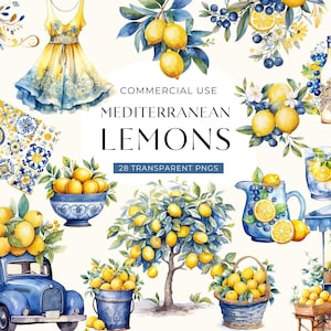 May include: Watercolor illustrations featuring lemons, blueberries, and a yellow dress. The image includes a blue truck, bowls, and baskets filled with lemons, along with the text "COMMERCIAL USE MEDITERRANEAN LEMONS 28 TRANSPARENT PNGS."