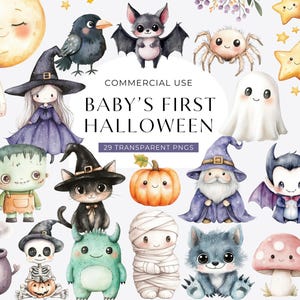 Baby eerste Halloween-clipart digitale DOWNLOAD, schattige kawaii aquarel illustraties, 1e Halloween Trick or Treat, sublimatie commercieel gebruik, png