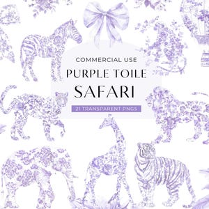Lila Toile Safari Clipart, DIGITAL DOWNLOAD, Baby Shower Toile De Jouy Clip Art, Aquarell Chinoiserie Dschungeltiere, kommerzielle Nutzung PNG