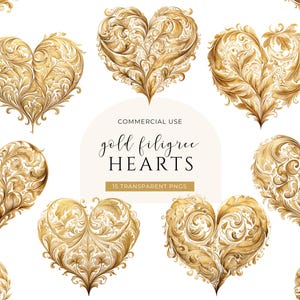 Clipart de corazones dorados, descarga digital, clipart de San Valentín, corazones de amor con filigrana de acuarela, elegante invitación de boda para uso comercial PNG