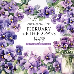 Violet Flower Clipart, DIGITAL DOWNLOAD, Purple Floral Bouquets, February Birth Month Clip Art, Spring Wildflower Wreath Commercial Use PNG image 1