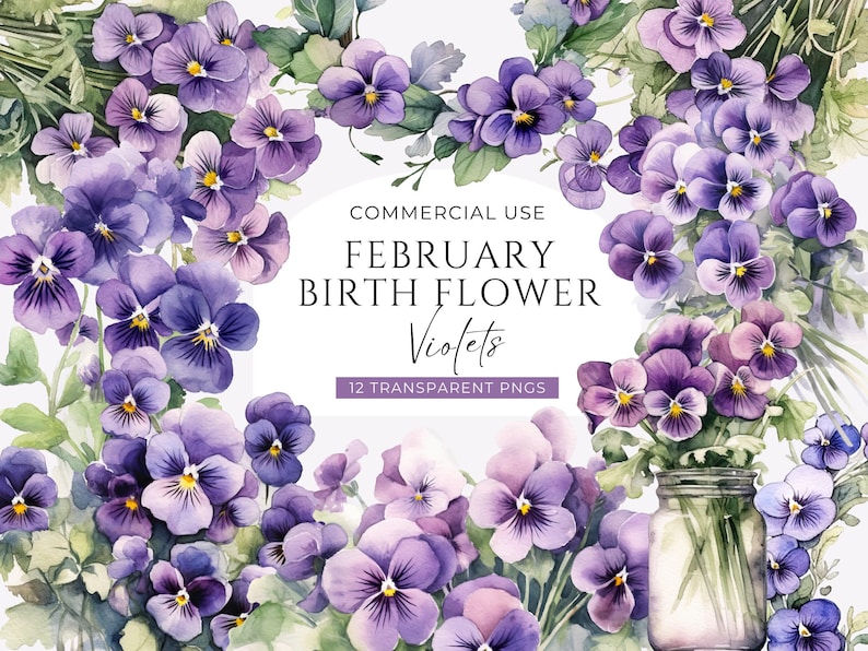 Violet Flower Clipart, DIGITAL DOWNLOAD, Purple Floral Bouquets, February Birth Month Clip Art, Spring Wildflower Wreath Commercial Use PNG image 1