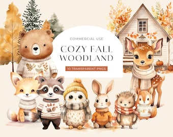Fall Animal Clipart, DIGITAL DOWNLOAD, Woodland Creatures Illustrations, Autumn Forest Animals, Fox Watercolor Graphics, Commercial Use PNG