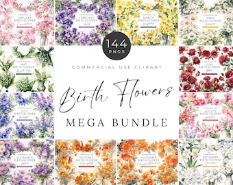 Birth Month Flower Clipart Bundle, DIGITAL DOWNLOAD, Watercolor Birth Month Floral Bouquet, Birthday Wildflower Wreath, Commercial Use PNG