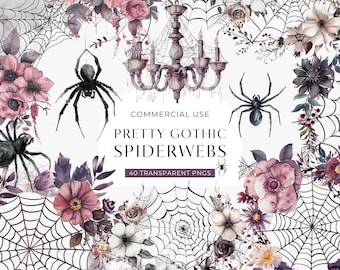 Spiderweb Spider Web Clipart, DIGITAL DOWNLOAD Halloween Clip Art, Cobweb Graphic, Watercolor Gothic Floral, Junk Journal Commercial Use PNG